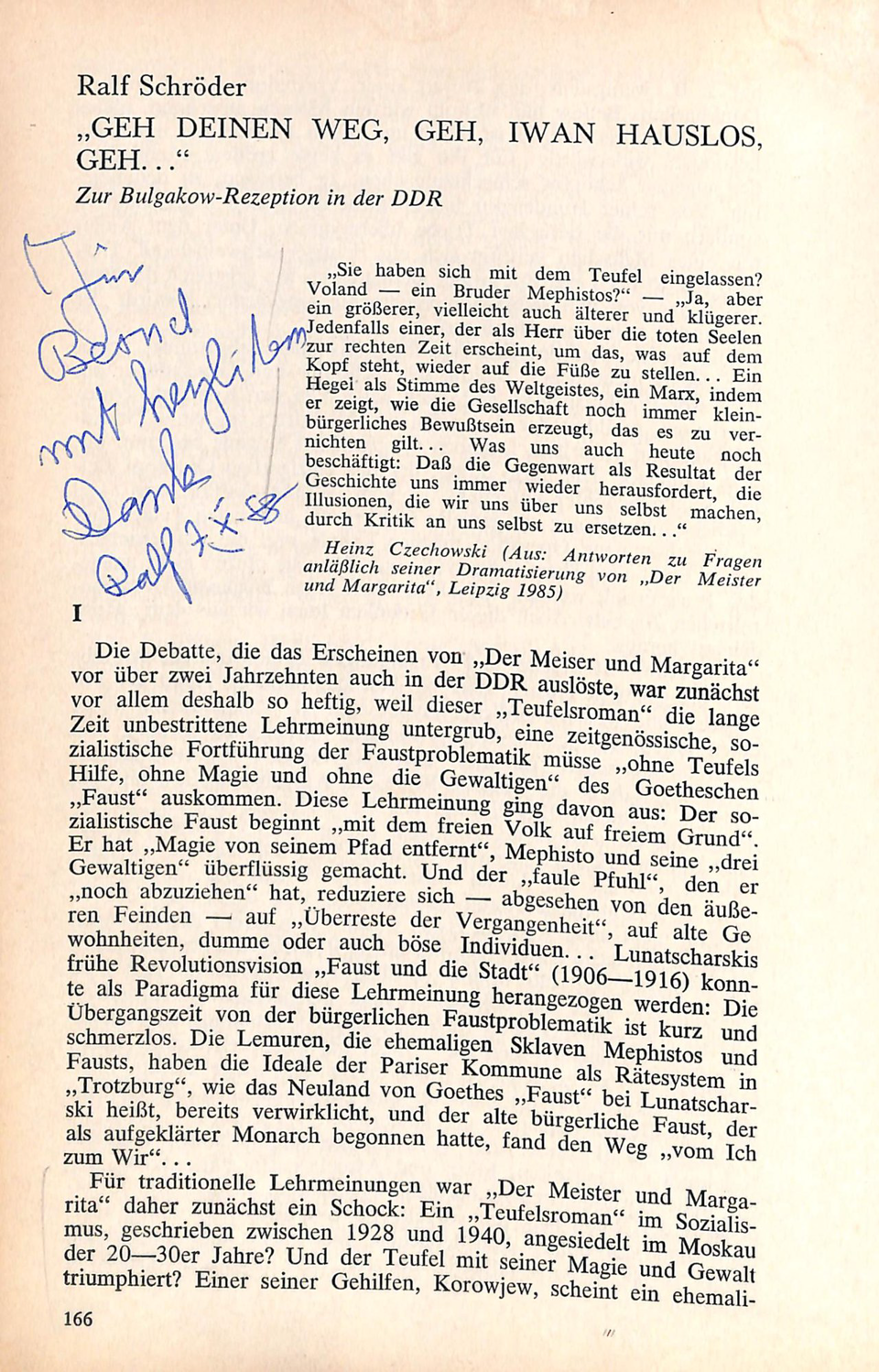 Журнал. «Sowjetliteratur» («Советская литература»). № 7. Публикация: Шредер Р., «Geh deinen Weg, geh, Iwan Hauslos, geh». С дарственной надписью Ральфа Шредера Бернду Румпу, 7.10.1988 г. 1988 г. Шредер Р.