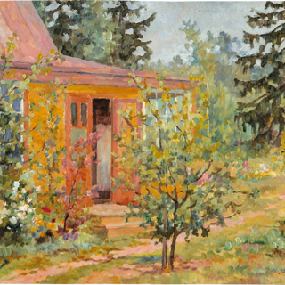 Пейзаж. «Сад и часть дачного дома с верандой». 1940-е годы. Толстая А.И.