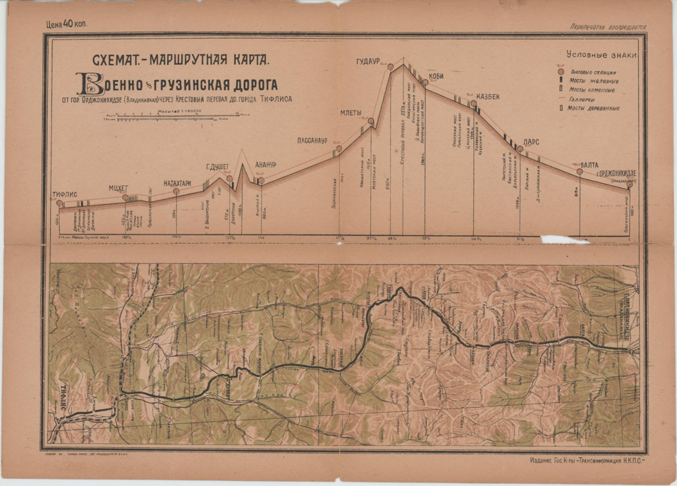 Карта. «Схемат.-маршрутная карта. Военно-грузинская дорога. От гор. Орджоникидзе (Владикавказ) через Крестовый перевал до города Тифлиса». Издание Гос. К-ры «Трансинформация Н.К.П.С.». 1931–1944 гг. Гиоргидзе Г.