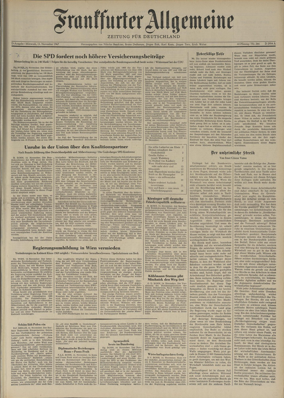 Газета. «Frankfurter Allgemeine Zeitung». № 226. Первая публикация романа «Мастер и Маргарита» на немецком языке. 15 ноября 1967 г. Булгаков М.А., Решке Т., Дрола Г.