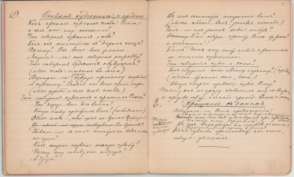 Рукопись чёрными чернилами, с правкой красными чернилами (45 лл.) в тетради в линейку, в чёрном коленкоровом переплёте. Авторская пагинация листов.