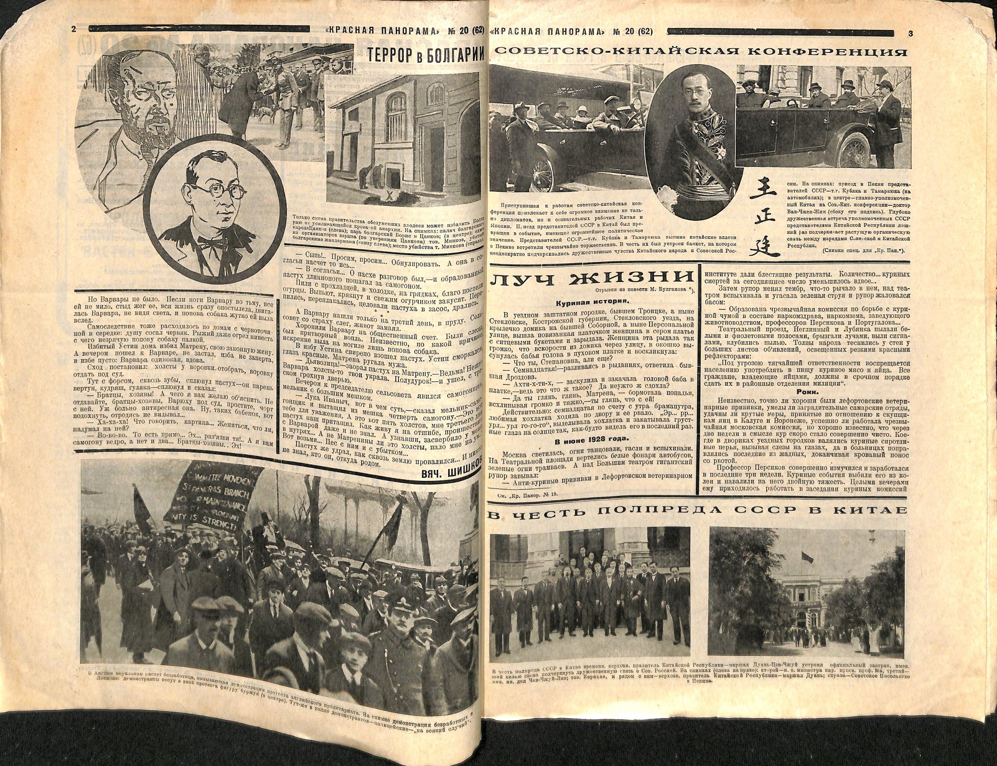 Журнал. «Роковые яйца» (повесть), Булгаков М.А. «Красная панорама». № 20 (62). «Луч жизни»: отрывки из повести Булгакова М.А. (3-4 с.). 17 мая 1925 г. Булгаков М.А.
